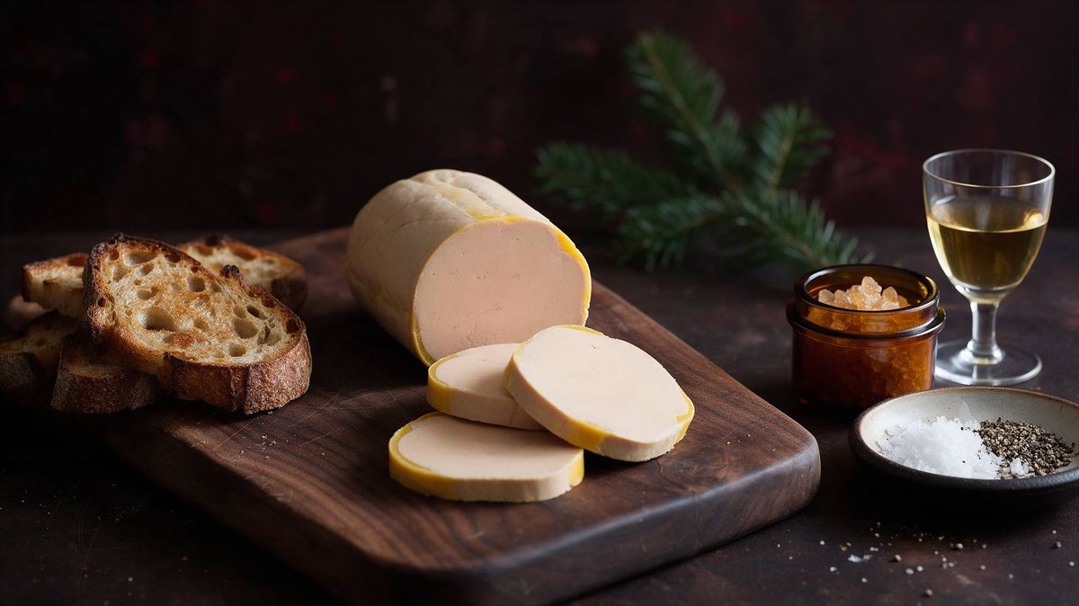 Foie gras roulé tranché sur une planche, avec du pain grillé